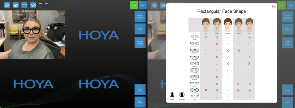 Screens that show Optikam determining the best frames for a woman based on her face shape
